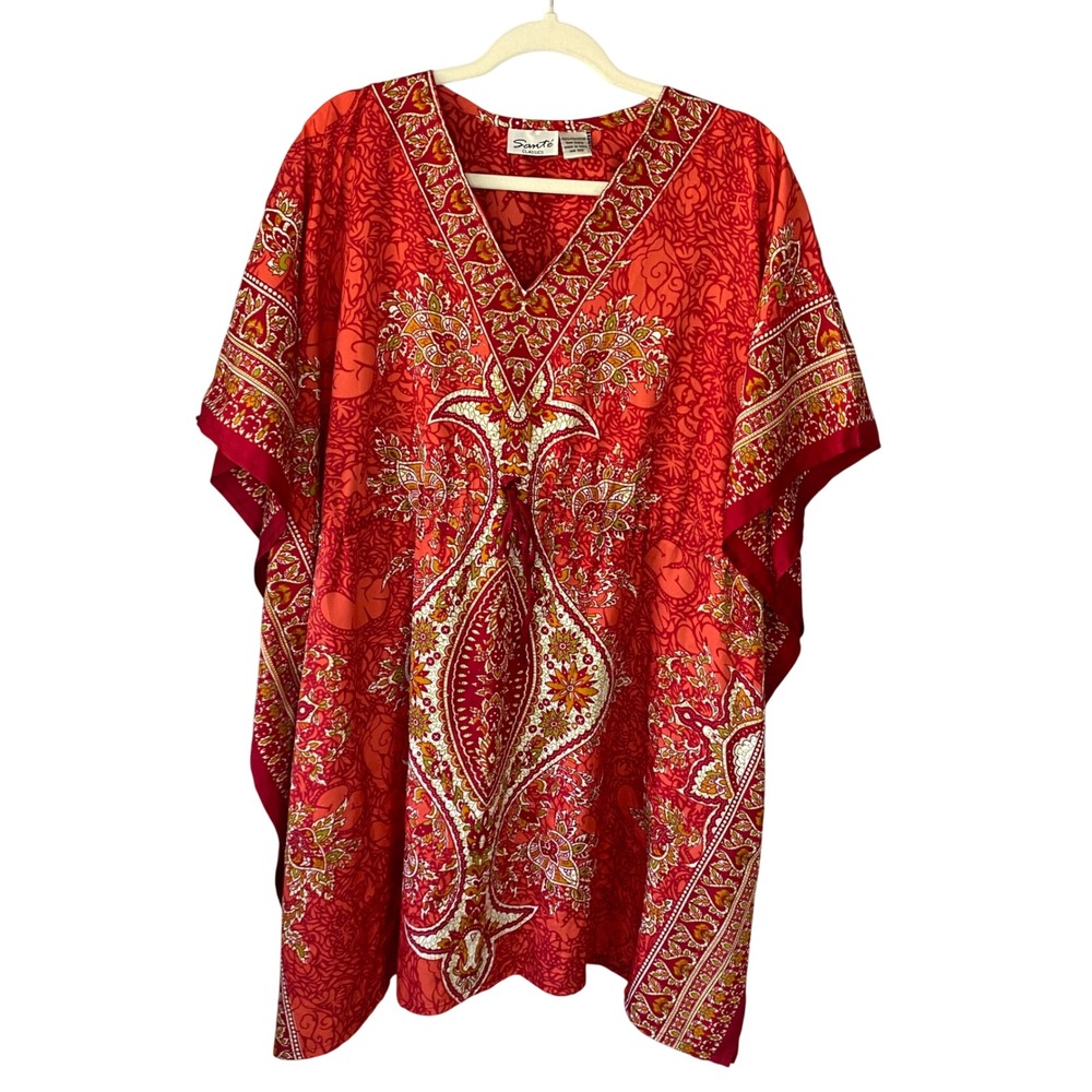 Sante Classics Red Paisley Kaftan Tunic Top V-Neck Drawstring One Size India